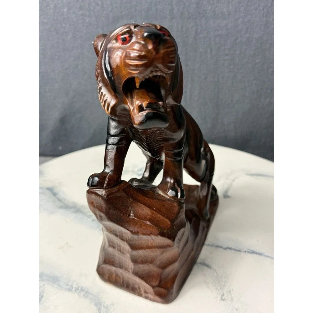 Vintage Hand Carved Wooden Tiger Statues Glass Eyes Made in Korea Asian Figurine